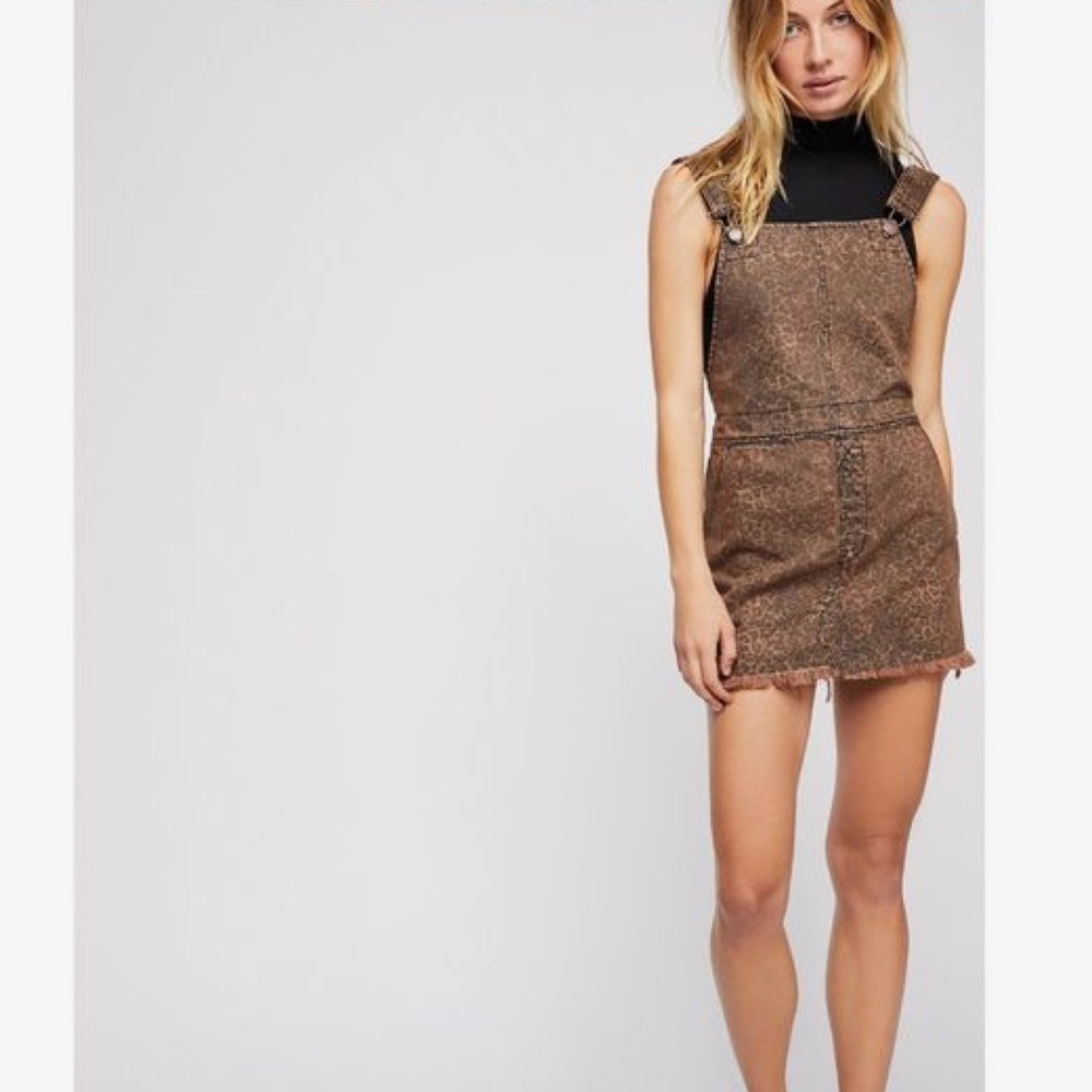 Free People Brown Cheetah Print Denim Overall Mini Dress